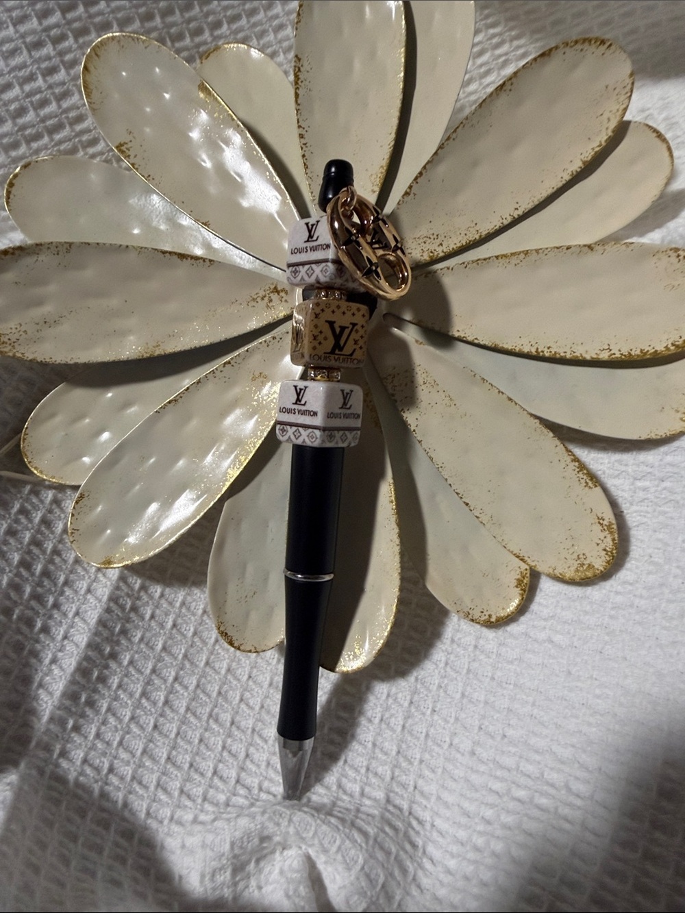 Handmade Black Pen with White and Gold Bead Charms and golden charm - Picture 7 of 13